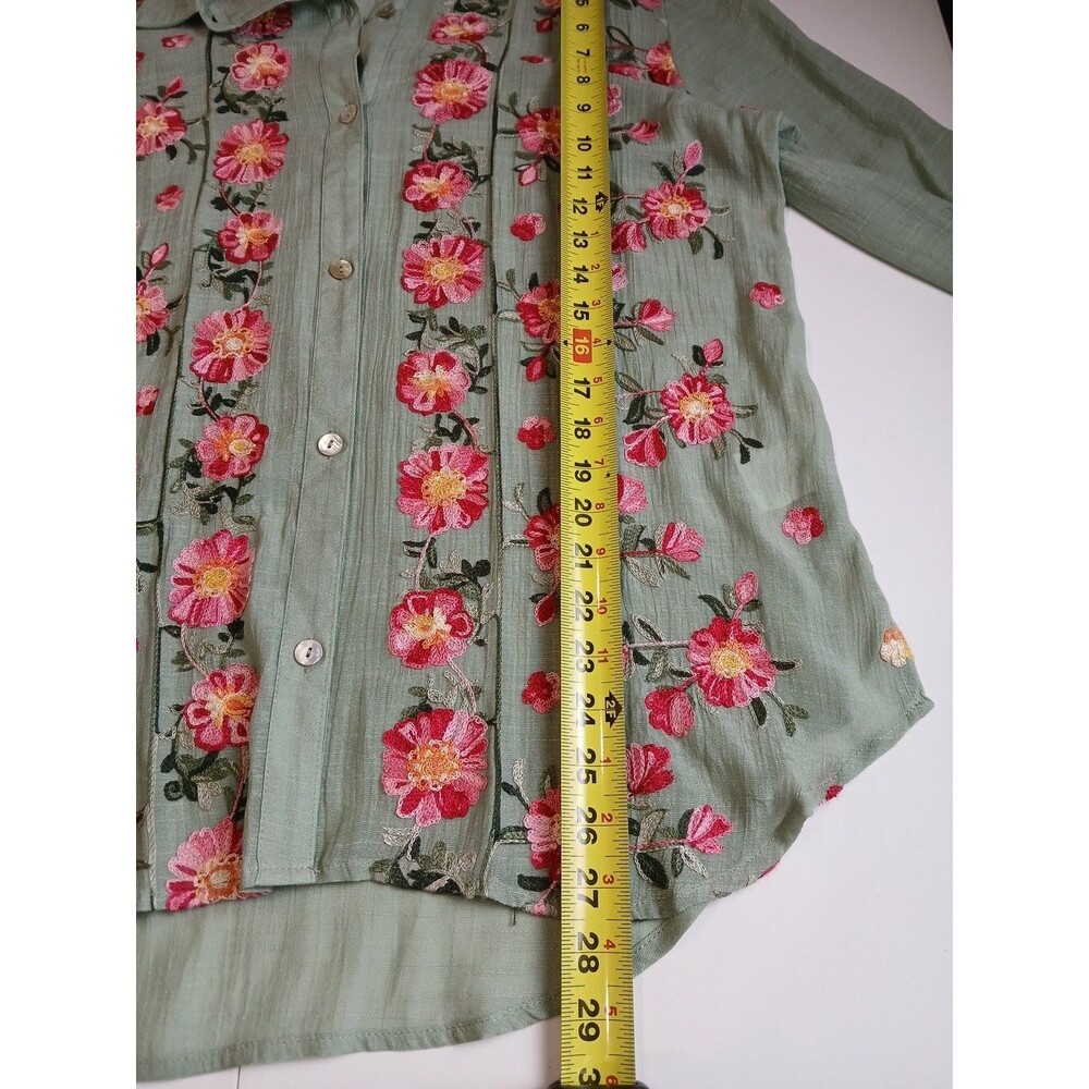 Figueroa & Flower Tunic Blouse Shirt Large Green Floral Embroidered Button Boho - Picture 12 of 14